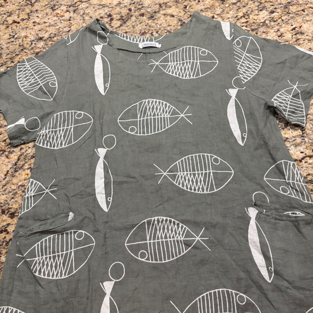 Transparente by Elena Wang Green Fish Print Linen Tunic Dress Sharkbite Hem L ws
